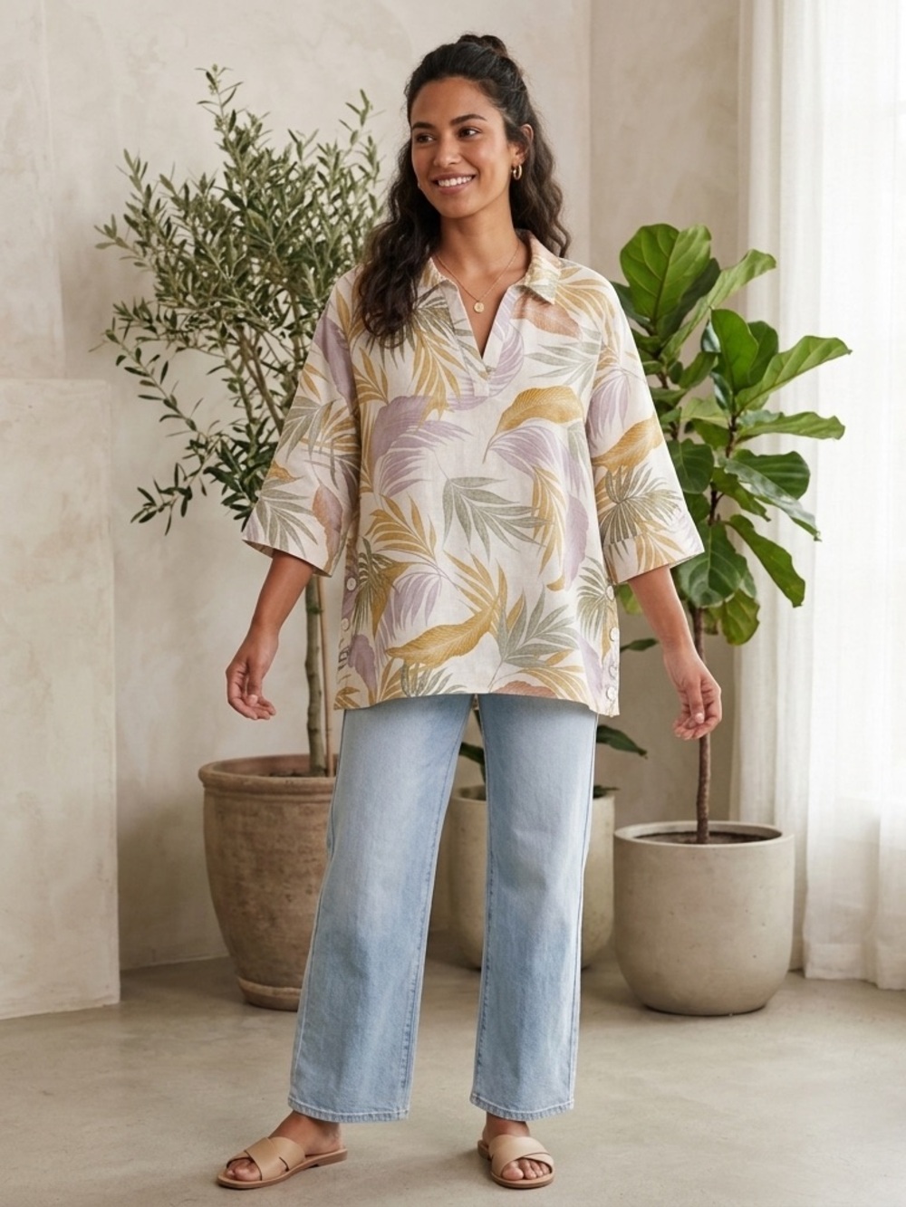 Tahari 2X Linen Tropical Leaf Print Tunic Blouse